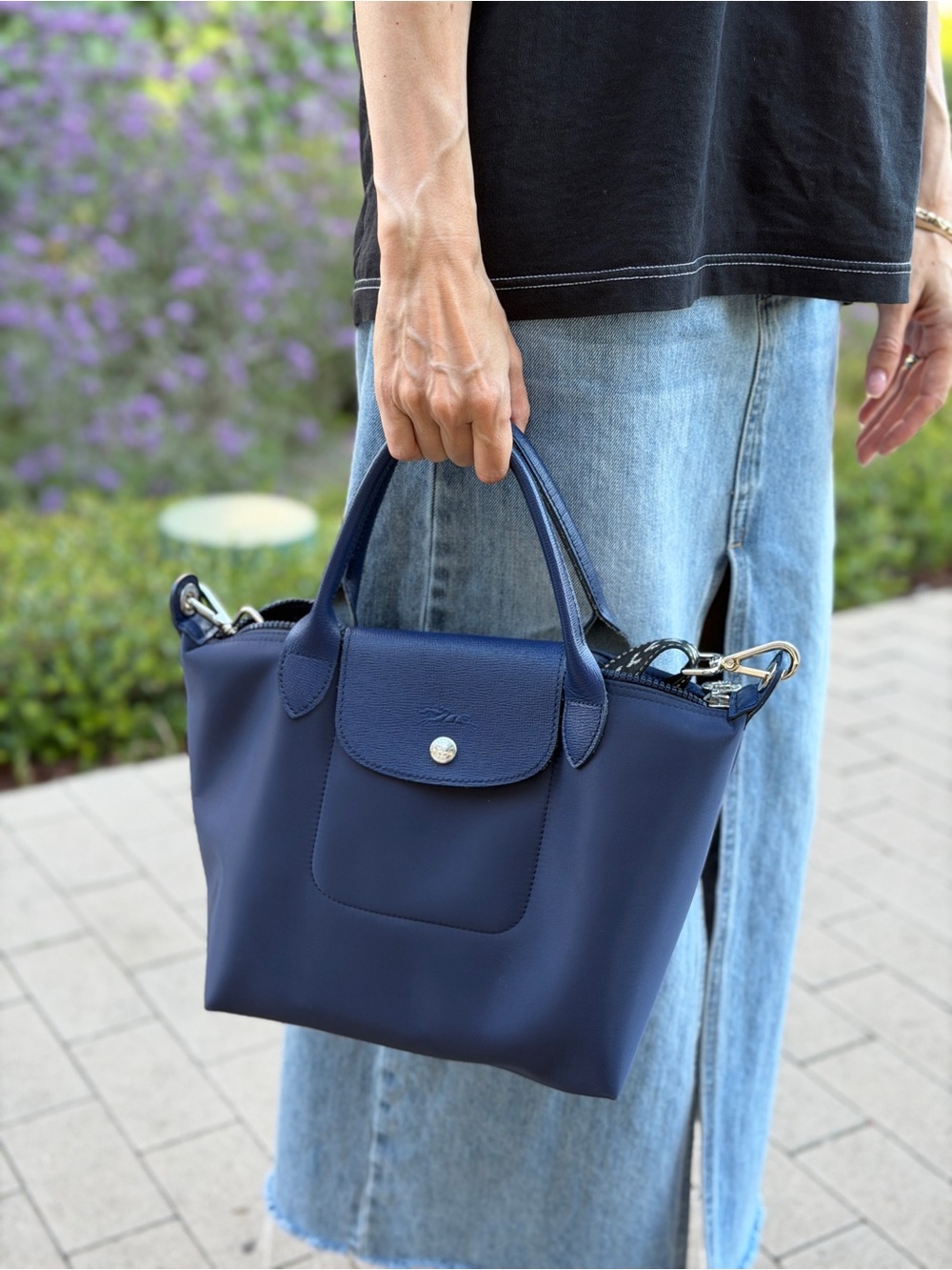 Longchamp Le Pliage Navy Medium Tote Top Handle Bag Zip Silver